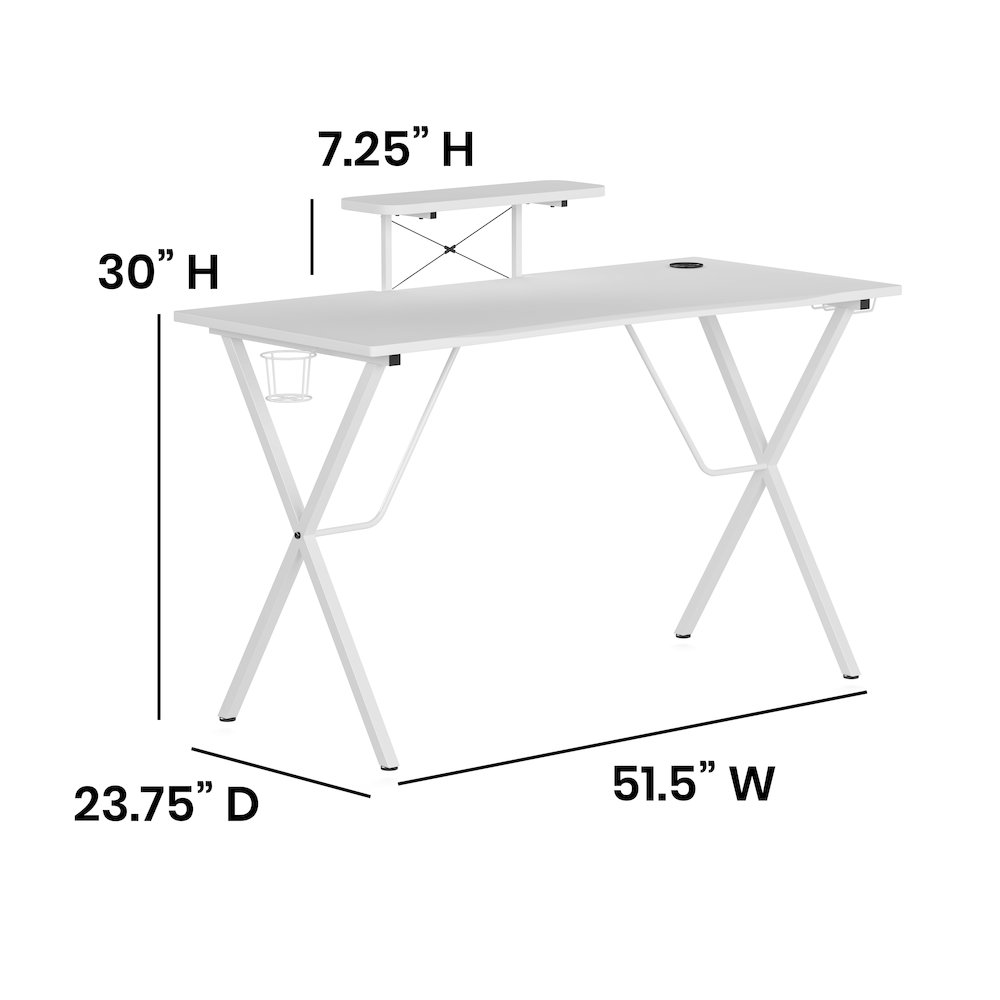 White Start2Finish gaming desk with cup holder, headphone hook, monitor and smartphone stand, ideal for organized gaming setup.