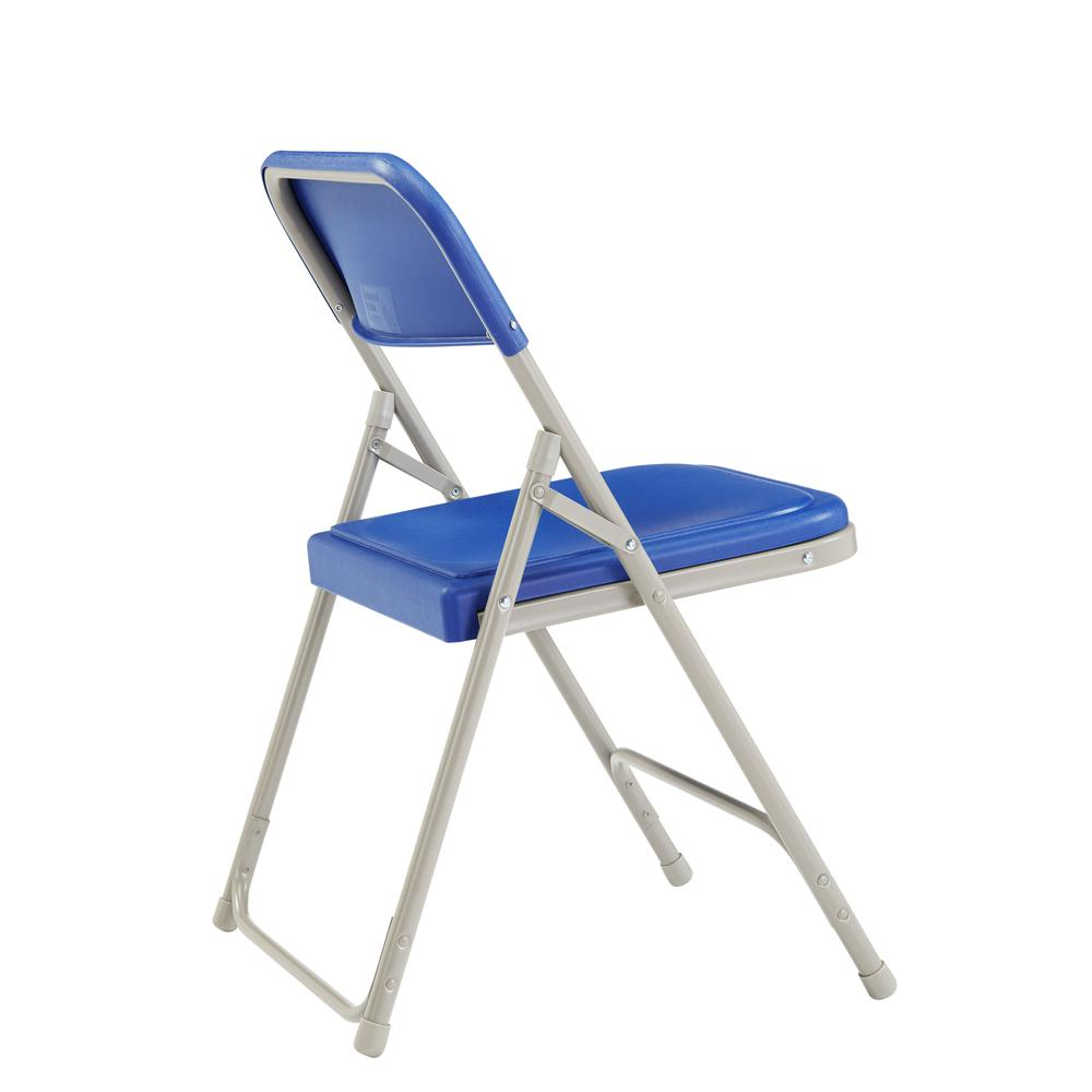 Set of four blue NPS® 800 Series lightweight plastic folding chairs by Start2Finish, showing the chairs folded and stacked.