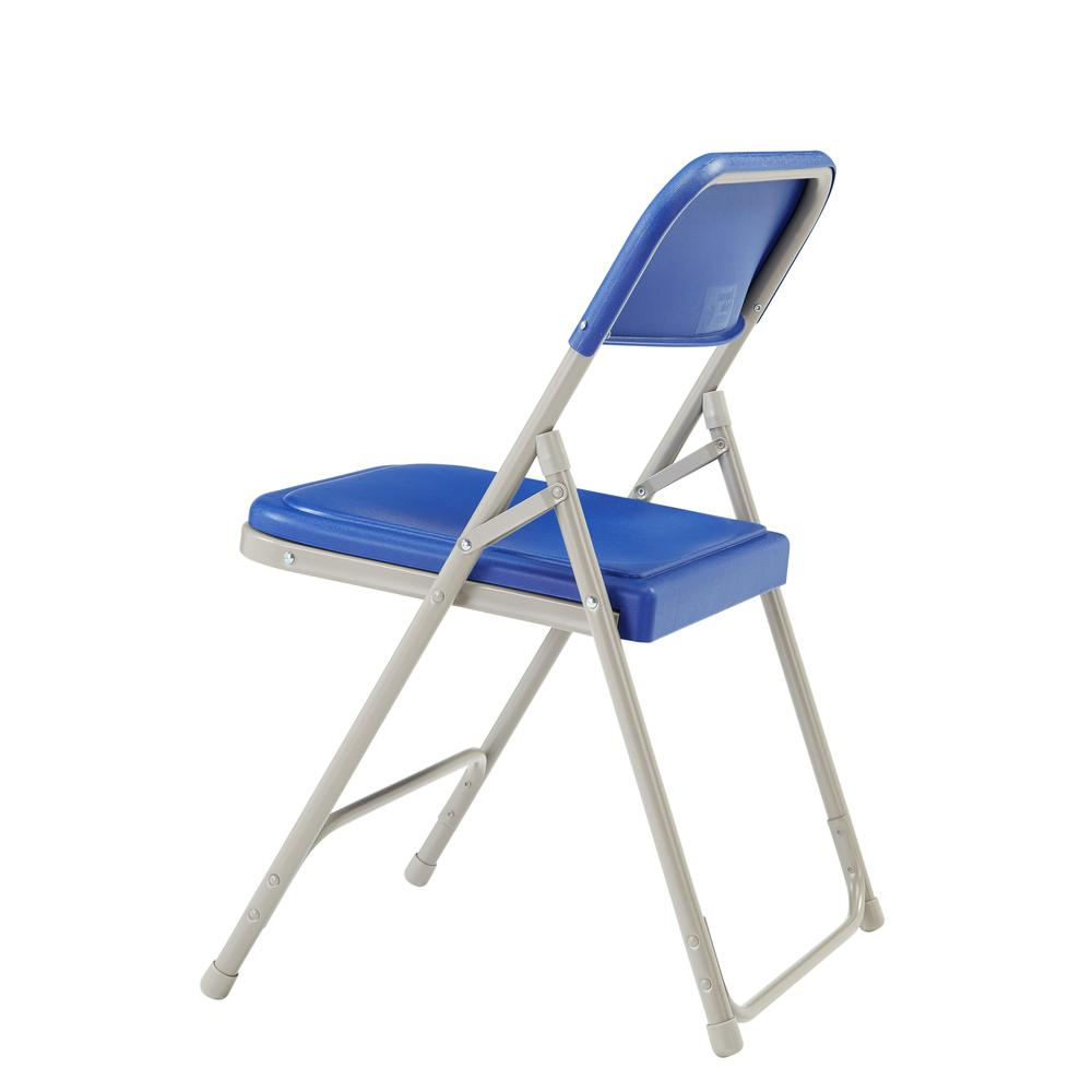 Set of four blue NPS 800 Series lightweight plastic folding chairs by Start2Finish, with sturdy frames and stackable design.