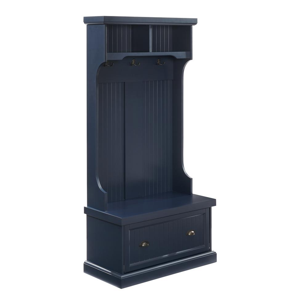 Start2Finish Shoreline Hall Tree with coat hooks, bench seat, and storage shelf in a modern wood finish.