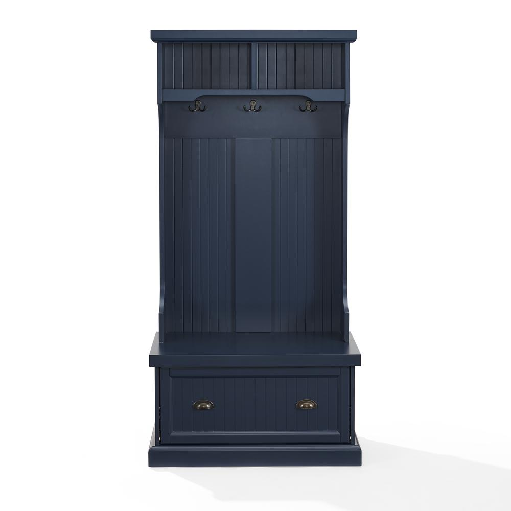 Start2Finish Shoreline Hall Tree with coat hooks, mirror, and storage bench in a modern wooden design.