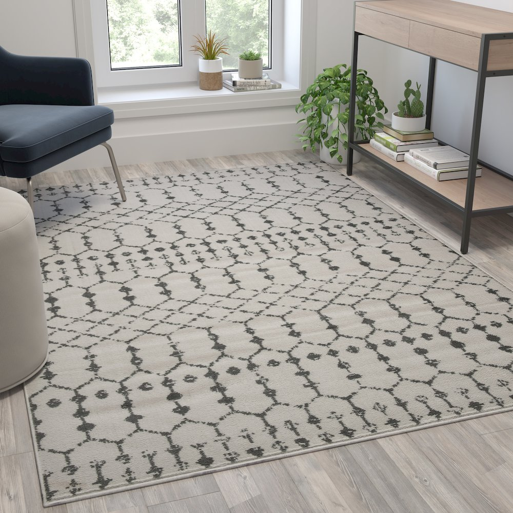 Start2Finish geometric bohemian low pile rug in ivory and gray, 5&