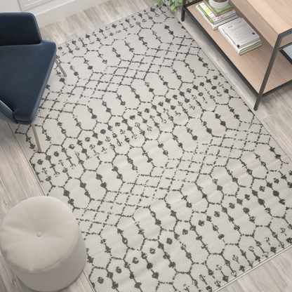 Start2Finish geometric bohemian low pile rug in ivory and gray with a modern geometric pattern, 5x7 feet, polyester material.