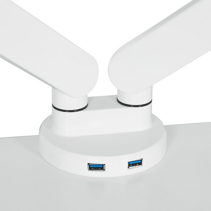 White double monitor arm for 17-30 inch screens by Start2Finish, adjustable and designed for ergonomic desk setup.