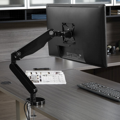 Black Start2Finish single monitor arm with dual USB 3.0 ports, adjustable for ergonomic computer setup.