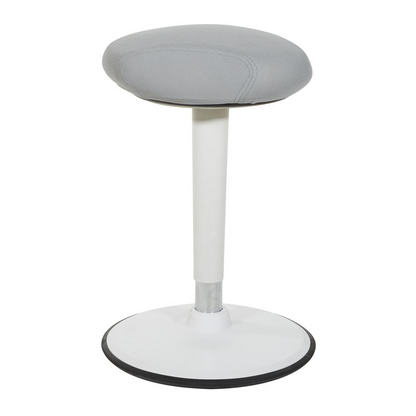 Start2Finish Active Perch seat with white frame and grey fabric, adjustable height from 24 to 34 inches, ergonomic furniture piece.