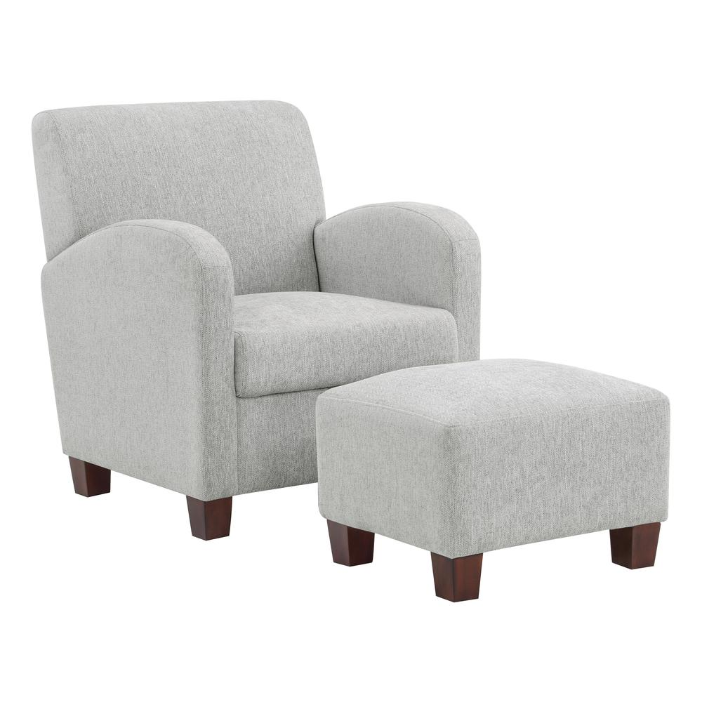Start2Finish Aiden Chair &amp; Ottoman in Smoke herringbone fabric with medium espresso legs, showcasing stylish, modern furniture design.