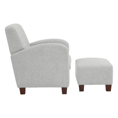 Start2Finish Aiden Chair and Ottoman in herringbone smoke fabric with medium espresso legs, showing plush cushioning and stylish design.
