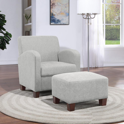 Start2Finish Aiden chair and ottoman in herringbone smoke fabric with medium espresso legs, showcasing stylish seating and footrest.