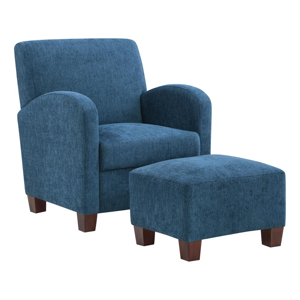 Start2Finish Aiden Navy Herringbone chair with matching ottoman, medium espresso legs, stylish and comfortable living room furniture.