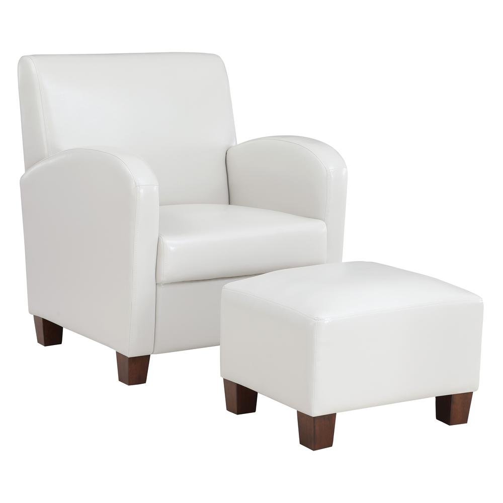 Start2Finish Aiden chair and ottoman in cream faux leather with medium espresso legs, showcasing stylish and comfortable furniture.