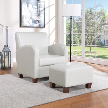 Start2Finish Aiden chair and ottoman with cream faux leather upholstery and medium espresso wooden legs, modern furniture set.
