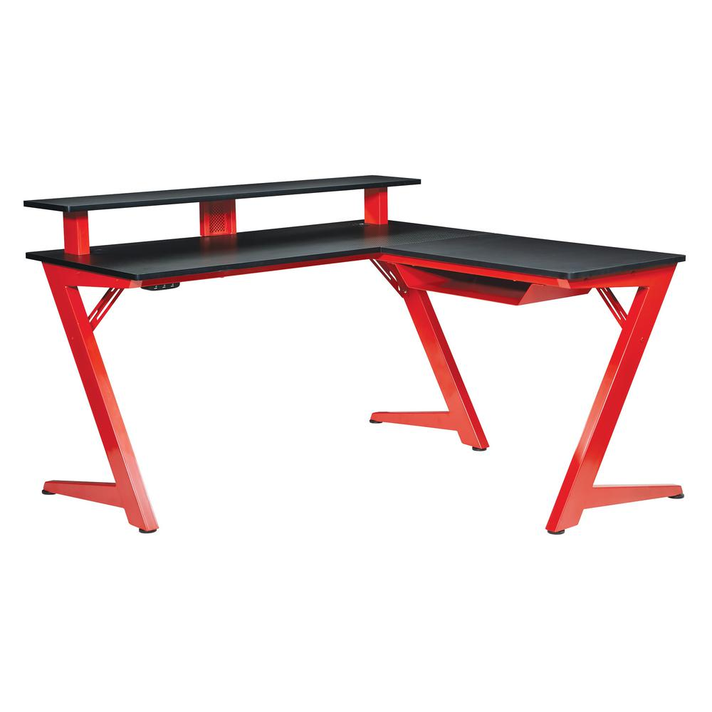 Avatar Battlestation L-shape gaming desk with carbon top and matte red legs by Start2Finish, side view showing spacious workspace.
