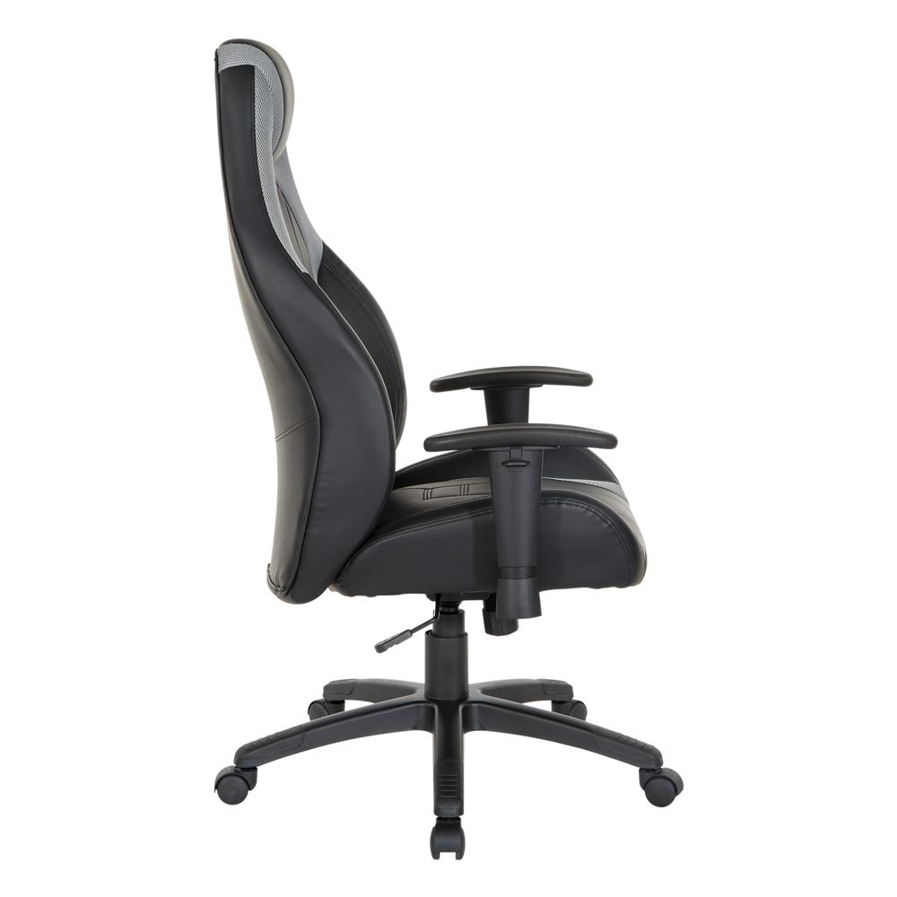 Start2Finish Commander gaming chair in black faux leather with grey accents, ergonomic design and adjustable armrests.