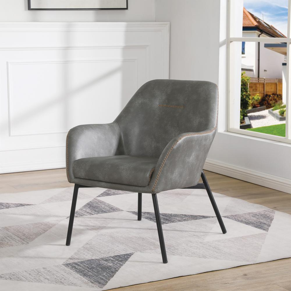 Brooks grey faux leather accent chair with gold stitching and black legs, stylish modern furniture by Start2Finish.