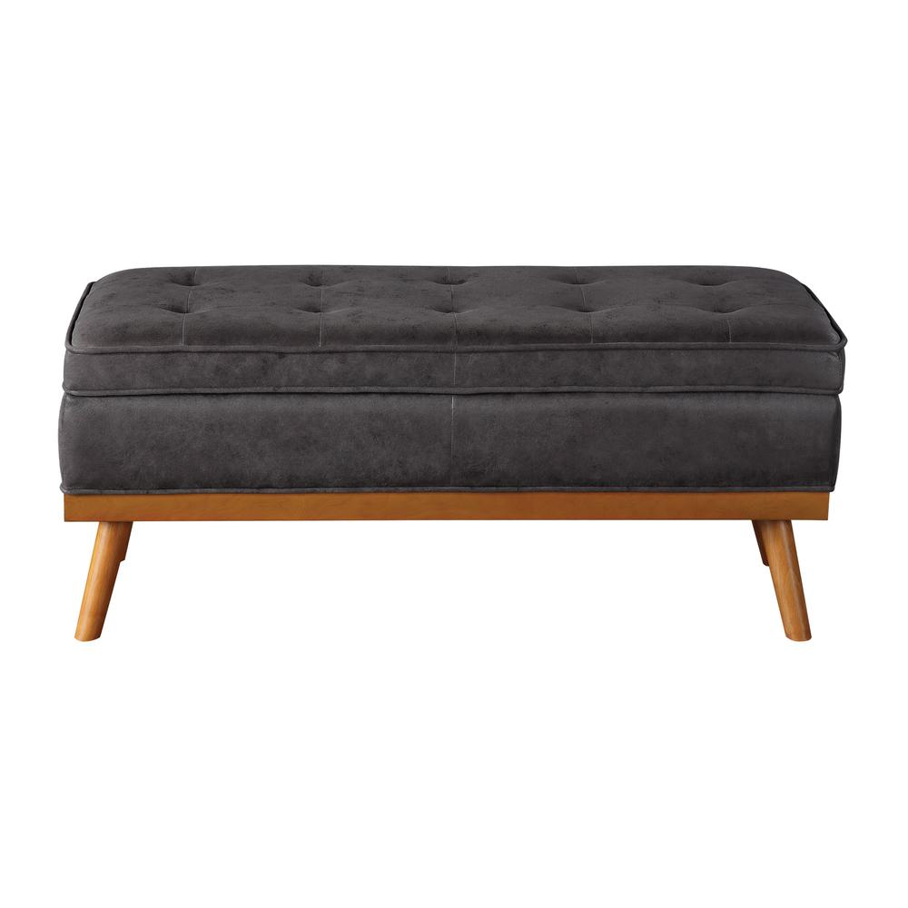 Start2Finish Katheryn storage bench in charcoal faux leather with cushioned top and wooden legs, ideal for living room storage and seating.