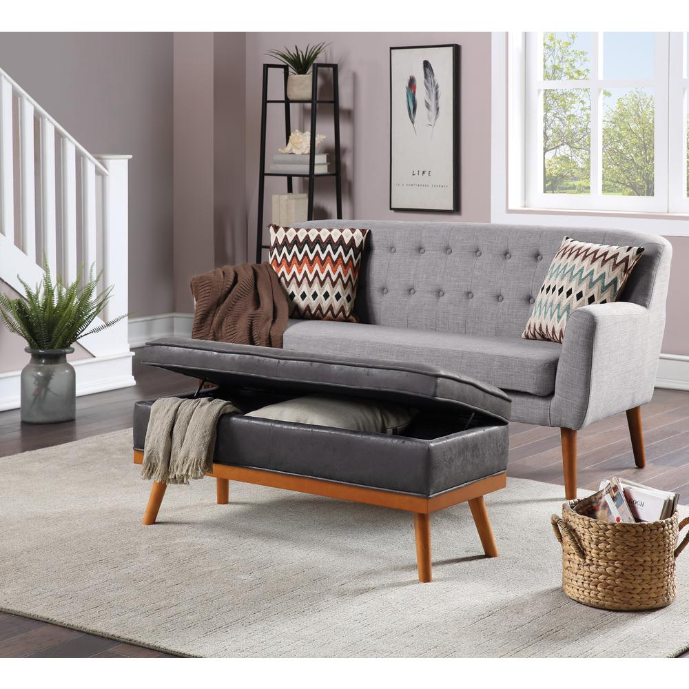 Start2Finish Katheryn storage bench in charcoal faux leather, showing a modern furniture piece with a cushioned top and storage space.