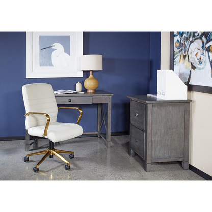 Mid-back white faux leather chair with gold-finished arms and base, modern furniture by Start2Finish.