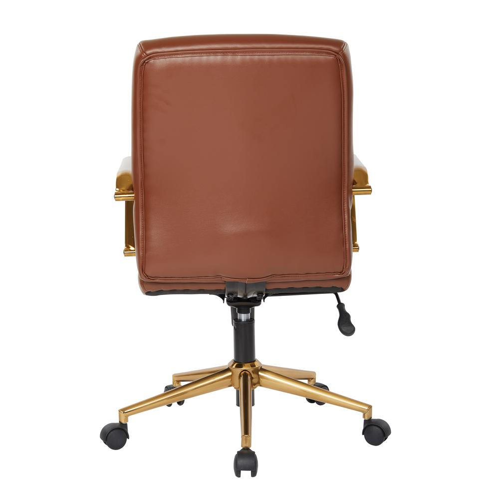 Mid-back saddle faux leather office chair with gold-finish arms and base, featuring a modern design and ergonomic seating.