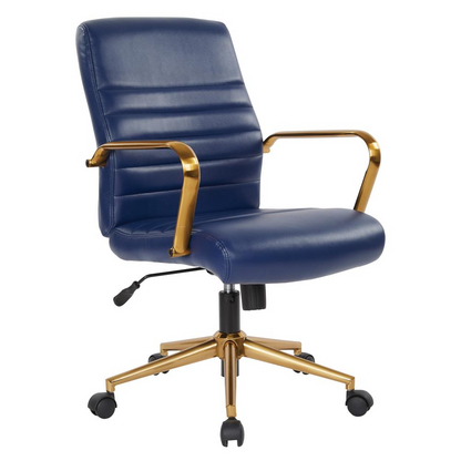 Navy faux leather mid-back chair with gold-finished arms and base, modern furniture piece by Start2Finish.