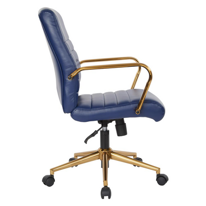 Mid-back navy faux leather chair by Start2Finish with gold-finish arms and base, showcasing a modern furniture design.