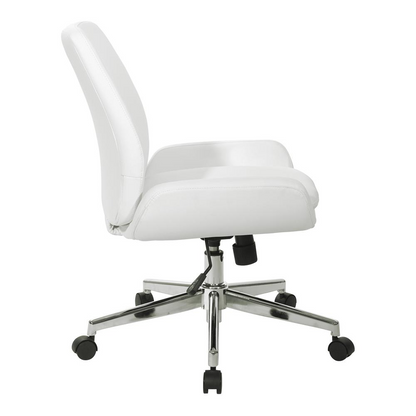 White faux leather chair with chrome finish base, modern furniture piece by Start2Finish, shown from a side angle.