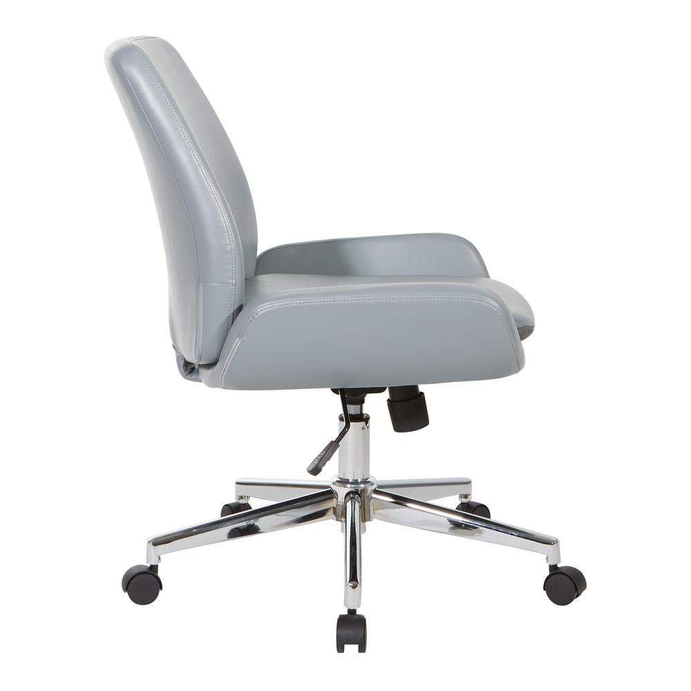 Charcoal grey faux leather chair with chrome finish base, modern furniture piece by Start2Finish, shown from side view.