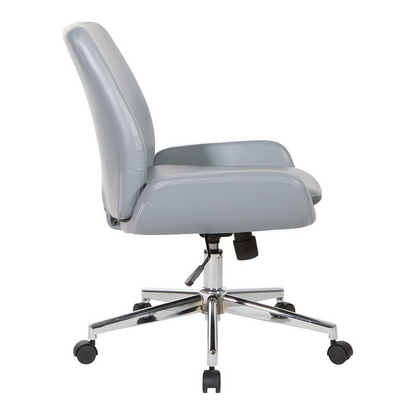 Charcoal grey faux leather chair with chrome finish base, modern furniture piece by Start2Finish, shown from side view.