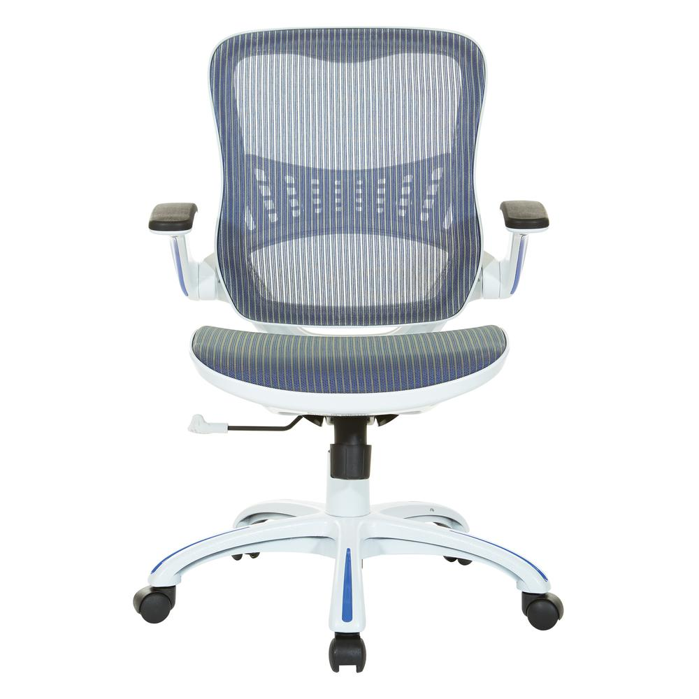 Start2Finish Riley office chair with blue mesh seat and back, ergonomic furniture with adjustable height and armrests.