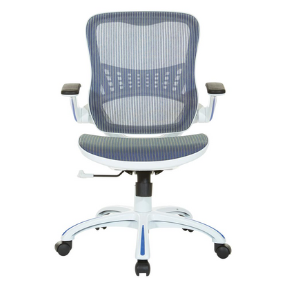 Start2Finish Riley office chair with blue mesh seat and back, ergonomic furniture with adjustable height and armrests.