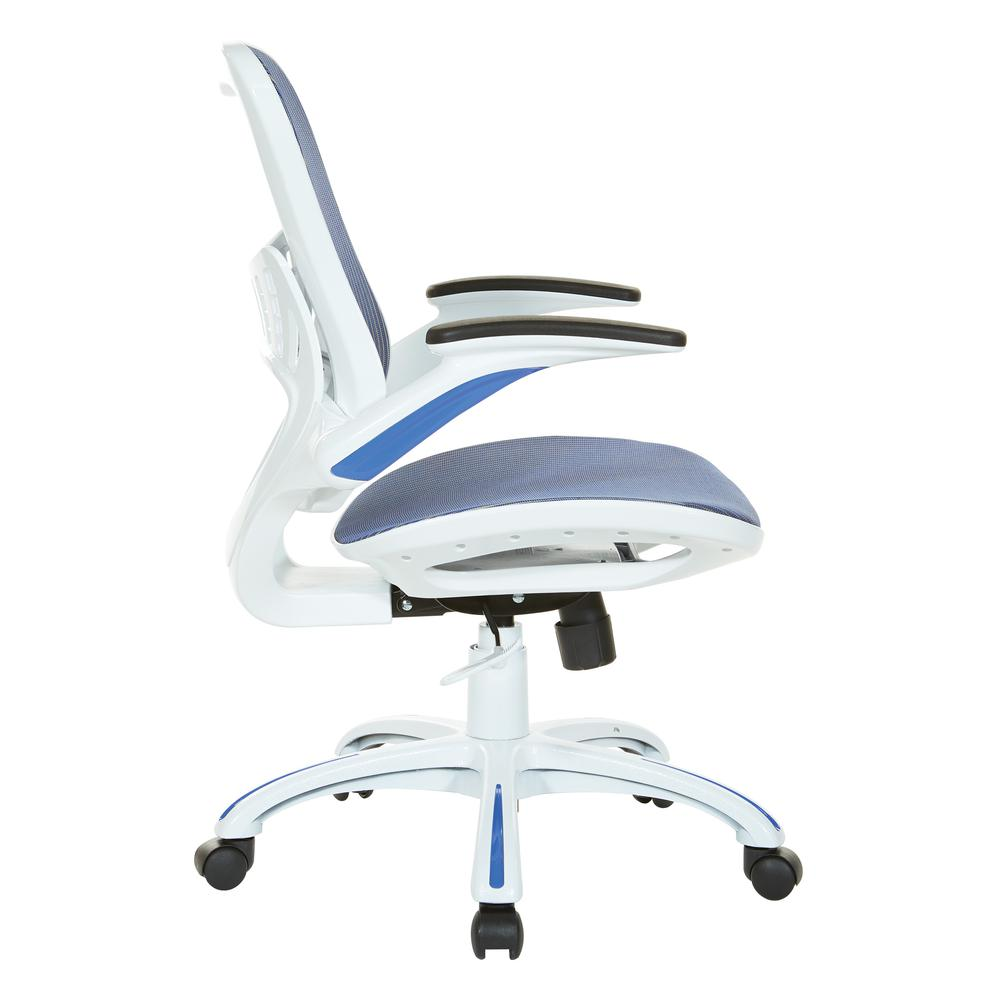 Start2Finish Riley office chair with blue mesh seat and back, ergonomic furniture with adjustable height and armrests.