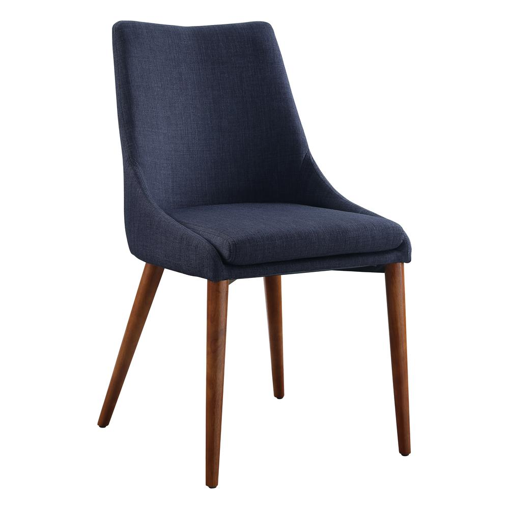 Start2Finish Palmer navy fabric mid-century modern dining accent chairs, 2-pack, with wooden legs and cushioned seats.
