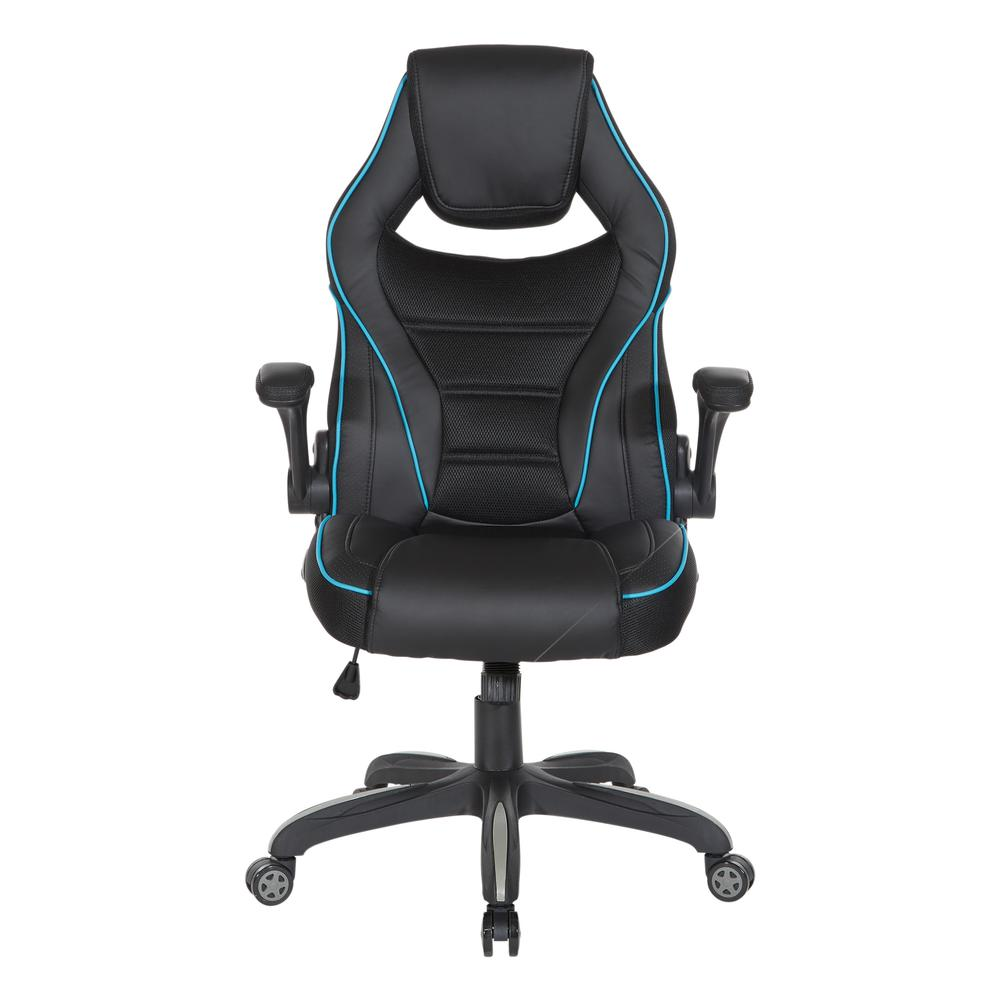 Start2Finish Xeno gaming chair in blue faux leather with ergonomic design and adjustable armrests, featuring a high back and cushioned seat.