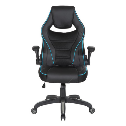 Start2Finish Xeno gaming chair in blue faux leather with ergonomic design and adjustable armrests, featuring a high back and cushioned seat.