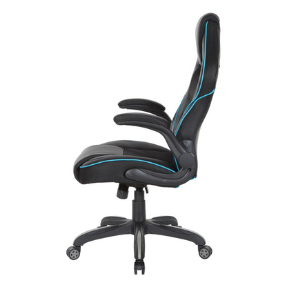 Xeno Gaming Chair in blue faux leather by Start2Finish, featuring ergonomic design with padded armrests and adjustable height.