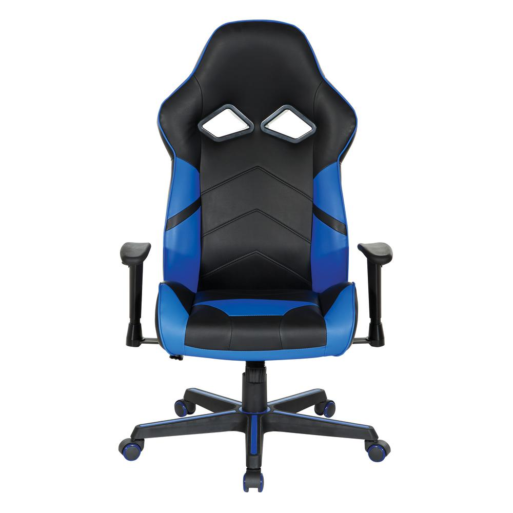 Vapor Gaming Chair by Start2Finish in black faux leather with blue accents, ergonomic gaming furniture with adjustable features.