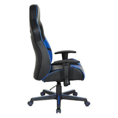 Vapor Gaming Chair by Start2Finish in black faux leather with blue accents, ergonomic gaming furniture with adjustable features.
