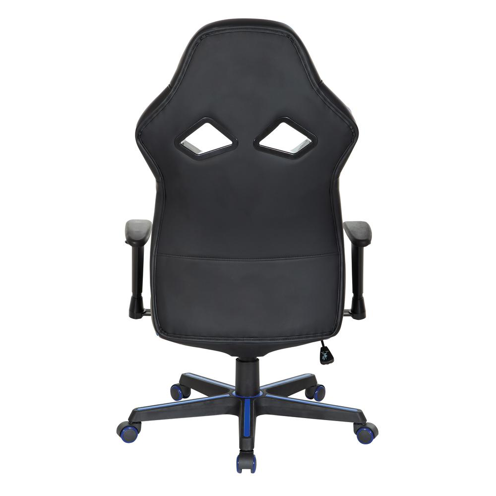 Vapor Gaming Chair by Start2Finish in black faux leather with blue accents, featuring ergonomic design and adjustable armrests.