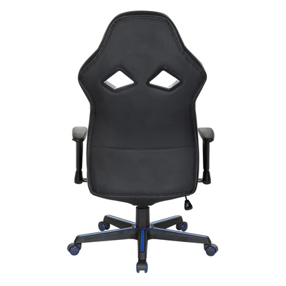 Vapor Gaming Chair by Start2Finish in black faux leather with blue accents, featuring ergonomic design and adjustable armrests.