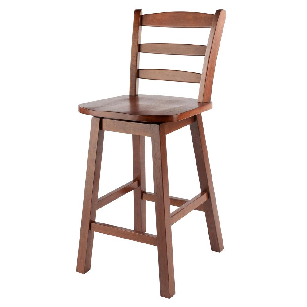 Scalera Ladder Back Swivel Seat Counter Stool in walnut wood with a round seat and metal base, by Start2Finish.