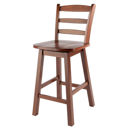 Scalera Ladder Back Swivel Seat Counter Stool in walnut wood with a round seat and metal base, by Start2Finish.