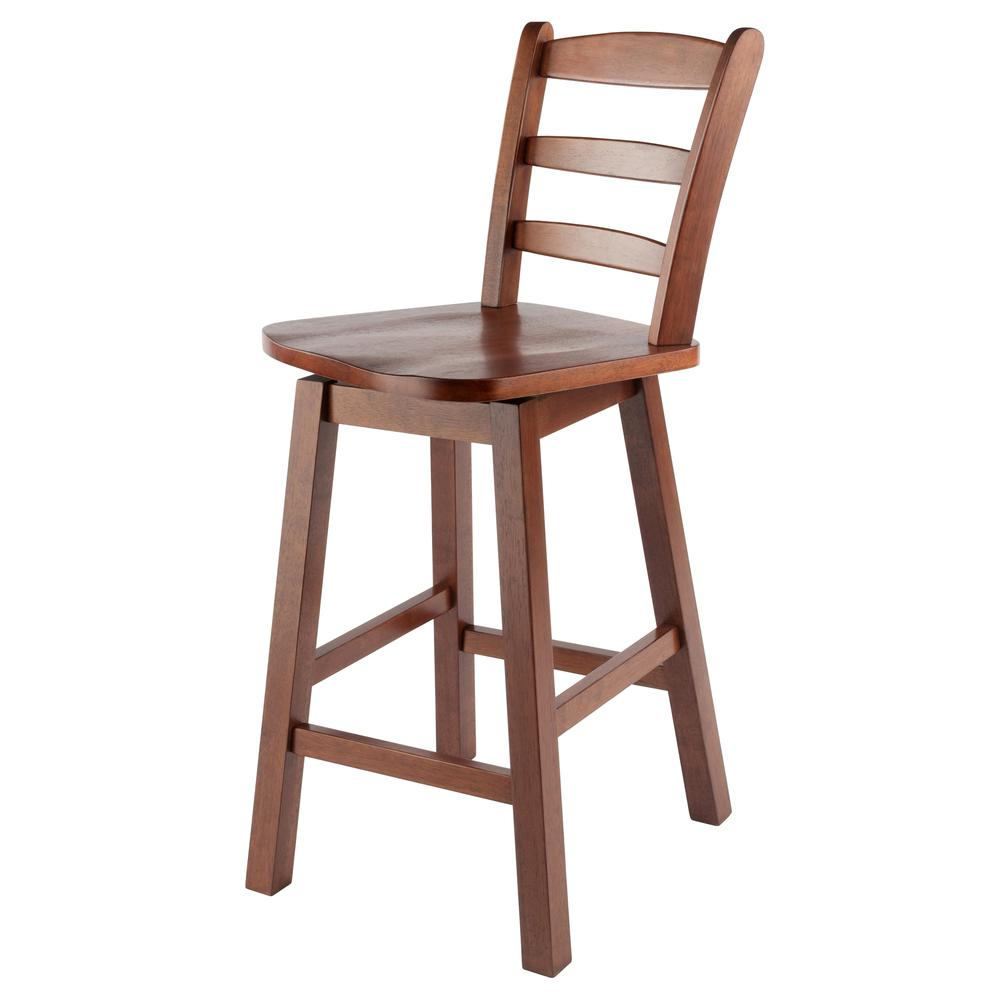 Start2Finish Scalera ladder back swivel counter stool in walnut wood with a round seat and metal base.