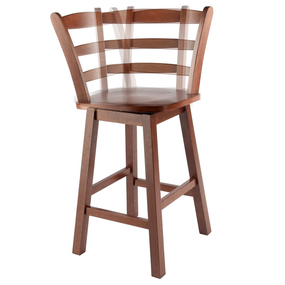 Scalera Ladder Back Swivel Seat Counter Stool by Start2Finish in walnut wood with a round cushioned seat and metal base.