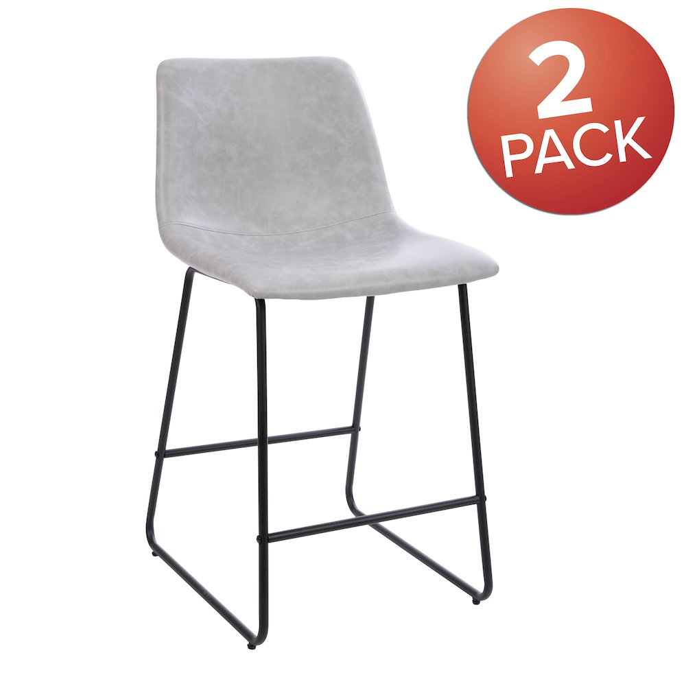 Set of 2 24-inch LeatherSoft counter height barstools in light gray with metal legs, perfect for modern kitchen or bar area.