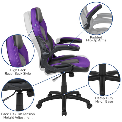 Start2Finish X10 Gaming Chair racing office swivel chair in purple and black LeatherSoft, featuring ergonomic design and adjustable height.