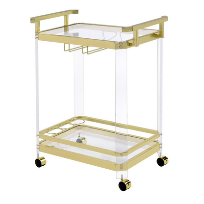 Aerin Server Cart by Start2Finish with casters, featuring a sleek wooden surface and metal frame for versatile furniture use.