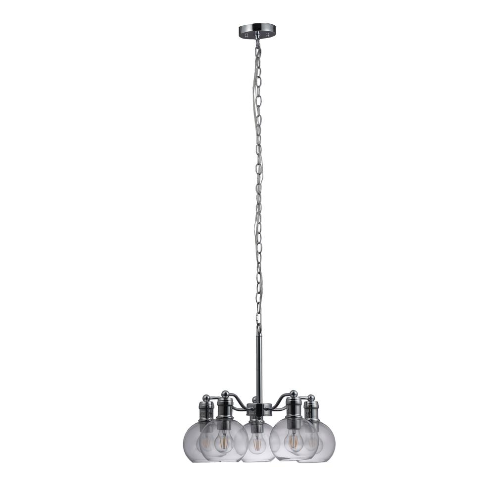 Chloe Lighting Wacian 5-light chrome hanging chandelier with curved arms and clear glass shades, 18 inches wide.