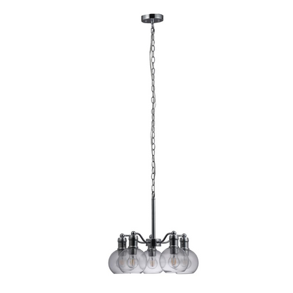 Chloe Lighting Wacian 5-light chrome hanging chandelier with curved arms and clear glass shades, 18 inches wide.