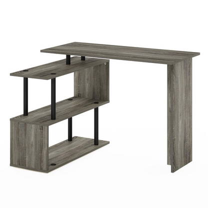 Furinno Moore L-shape computer desk by Start2Finish with three-tier shelves in French Oak and black finish, shown with workspace and shelves.