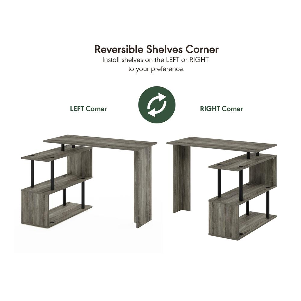 Start2Finish Furinno Moore L-shape computer desk with 3-tier shelves in French Oak and Black, showing the desk&